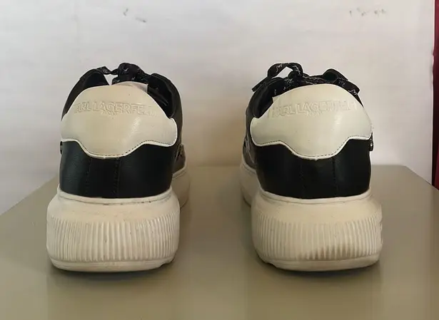 Karl Lagerfeld Kenna Leather Black Pin Logo Sneakers $130 EUC Wmn 8.5