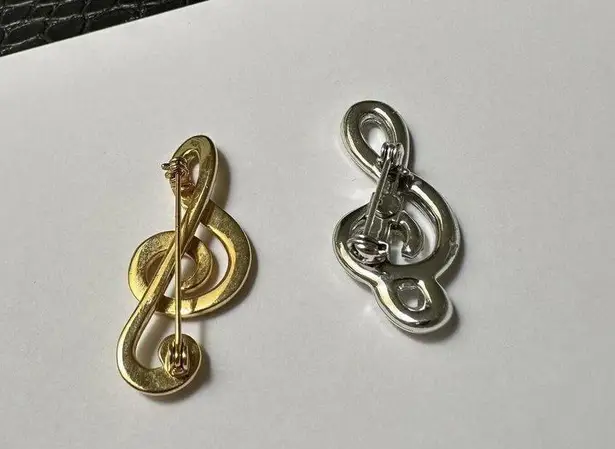 Lot Of 2 Musical Music Note Brooch Pins Clear Rhinestone