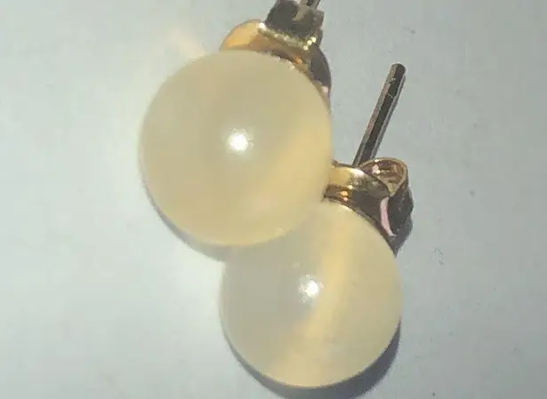 Semi Precious Stone Off White Opaque Gold Tone Dainty Ball Stud Pierced Earrings