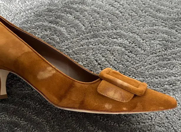 Manolo Blahnik Maysale Suede Buckle Kitten Heel Pumps Cognac Brown Size EU 38