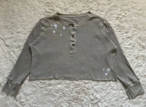 Monrow Top Oversized Crop Henley Thermal Shirt Star Embroidered Long Sleeve S