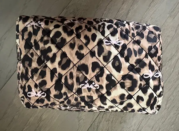 Women's Leopard Print Quilted Cosmetic Bag with Pink Bows Brown