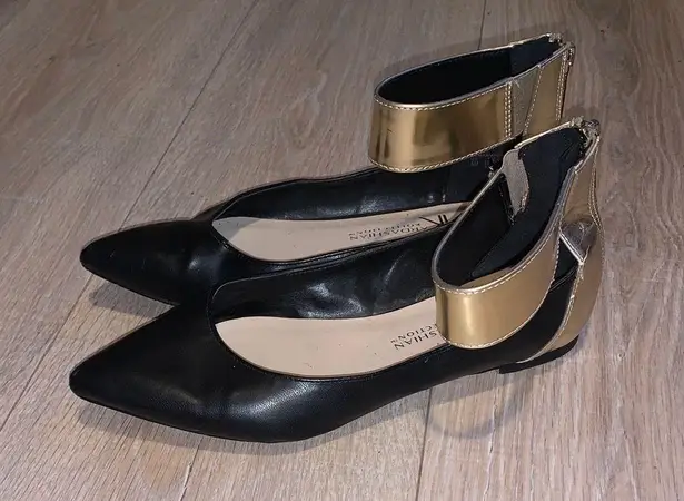 Kardashian Kollection Fenella Ankle Strap Flats Zip Up Black Gold