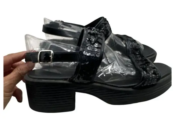 Coaster Size 9 Sandals With Sequined Straps & Chunky Heel Black
