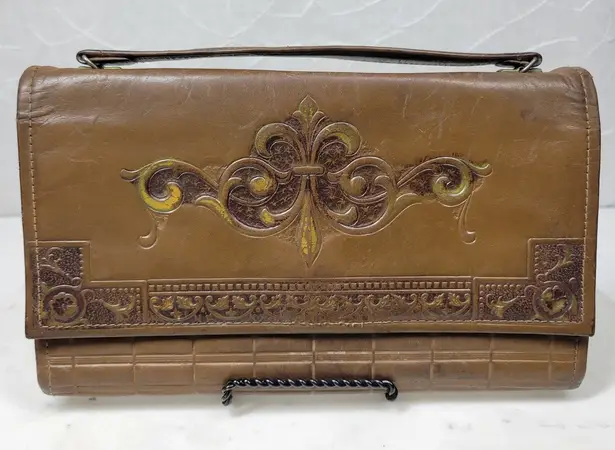Antique Tooled Leather Clutch Handbag Brown Gold Taffeta Kiss Lock Handle Purse