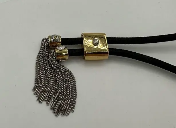 Henri Bendel Black Elastic Band Bracelet with Tassel Chain and Rhinestones
