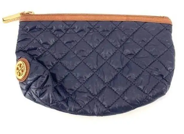 Tory Burch  Women's Quilted Top Zip Purse Cosmetic Bag Navy Blue Tan Size Large