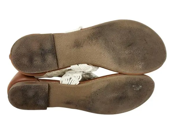 Report Zip Up Back Boho Macramé Flat Sandals Ankle Strap White Brown Size 8.5