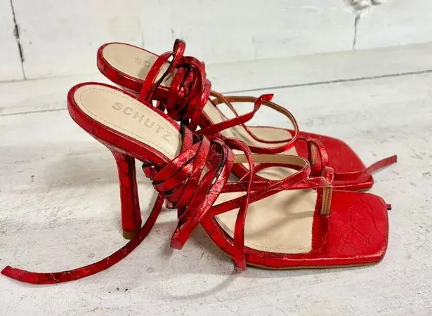 Schutz Lily Metallic Crocodile-Embossed Leather Sandal Red Women's Size 7.5 B