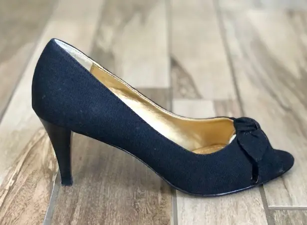American Living Consuelo Black Open Toe Bow Tie Fabric Heels, sz. 7