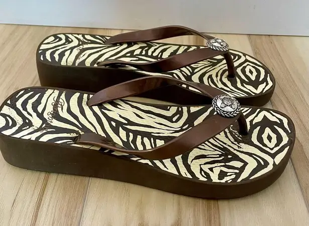 Brighton  Women's Wedge Flip Flops Sandals Brown Animal Print Sz 8/9 Pre-Owed