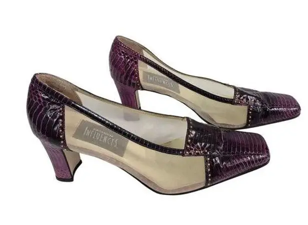 VTG Fashion Influences Purple Snakeskin/Sheer Mesh Pumps Heels w/ Studs Sz 10 M