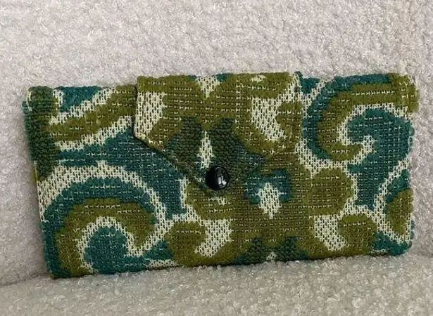 Vintage 60s Carpet Jacquard Fabric Textured Trifold Wallet Turquoise Pea Green 8 Blue