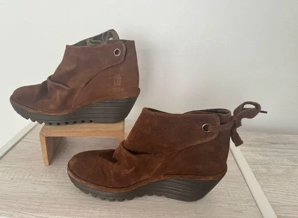 Fly London Suede Ruched Ankle Wedge Boots Tie Detail Comfy Boho EU 40 US 9 READ