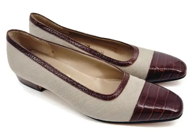 Salvatore Ferragamo Tan Beige & Brown Croc Cap Toe Flats 8.5 AAAA (Narrow)