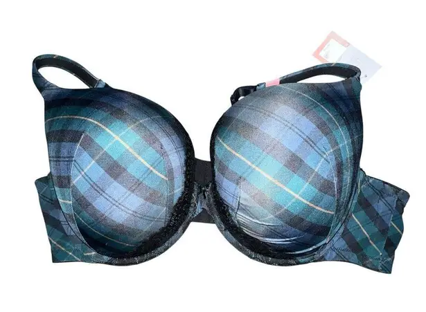 Cacique Boost Plunge Bra With Lace Stella Plaid Dark Denim 50D Push Up Underwire