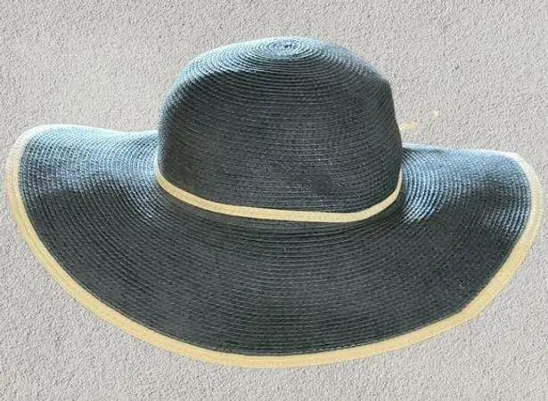 Charter Club  black tan trim bow straw wide brim hat