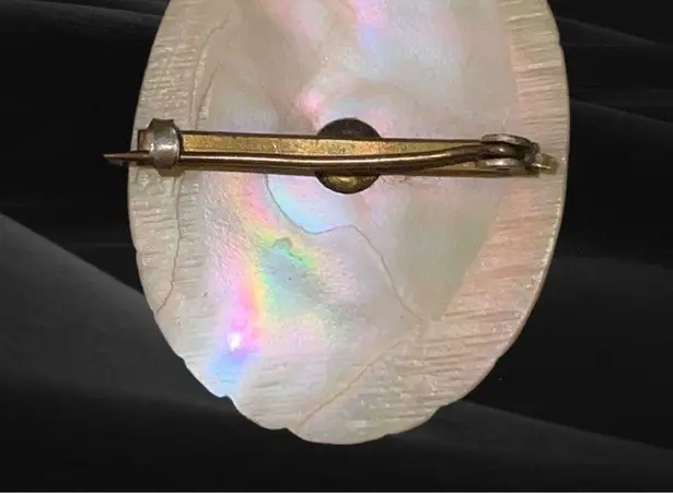 Vintage Iridescent Hand Carved Mother Of Pearl Brooch Gold