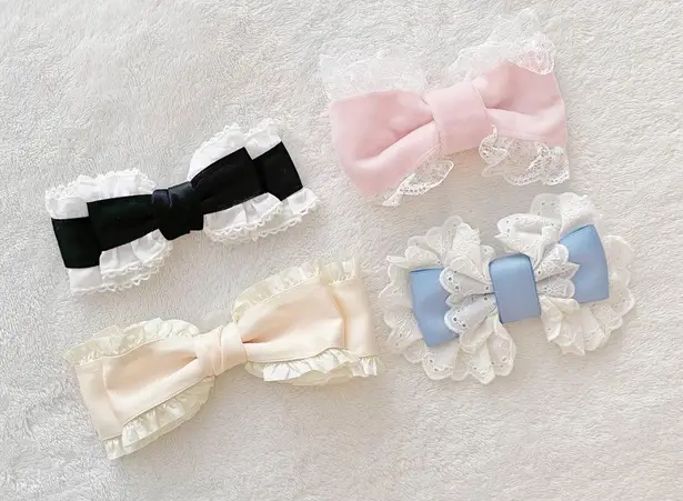 Japanese Kawaii Lolita Pastel Pink Blue Lace Velvet Ribbon Hair Bow Clip Set