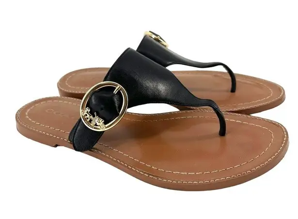 Coach  leather thong sandals Leslie Flat Slip On Casual Logo Black tan Size 8