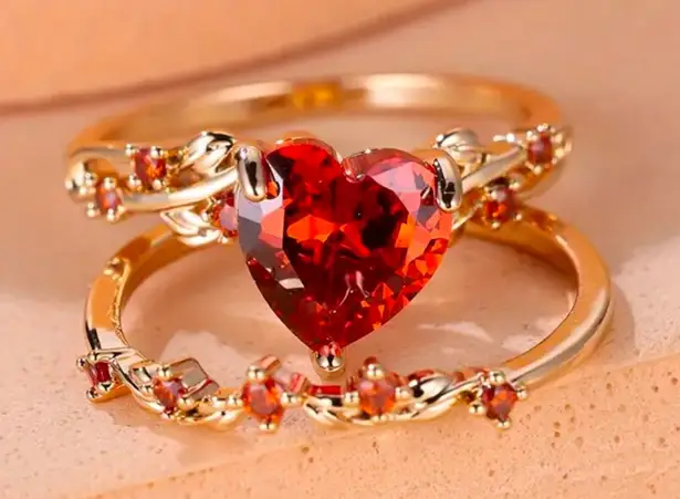 Heart Cut Red Zircon Gold Plated Engagement Ring Set Size 8 Bridal NWT