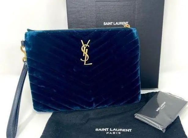 Saint Laurent  Blue Chevron Velvet Monogram Zip Pouch