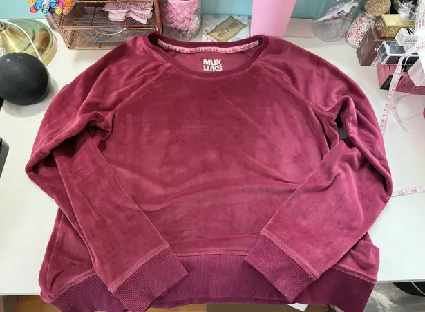 Muk Luks Velour Sweatshirt Burgundy Pullover Raglan Sleeve Women Size M Purple Size M