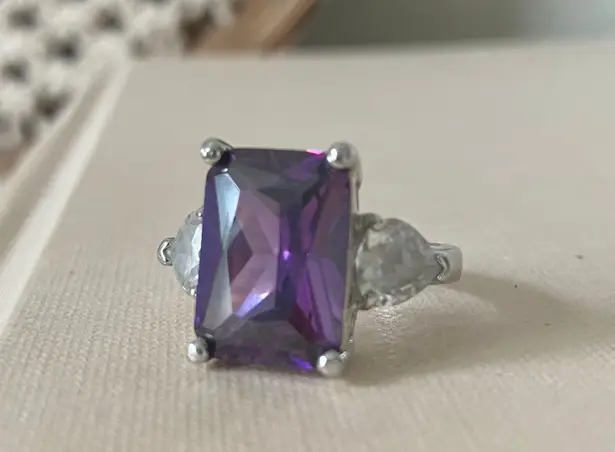 Large Purple Emerald Cut Stone Silver Ring “Violette” China Amethyst Art Deco Jewelry