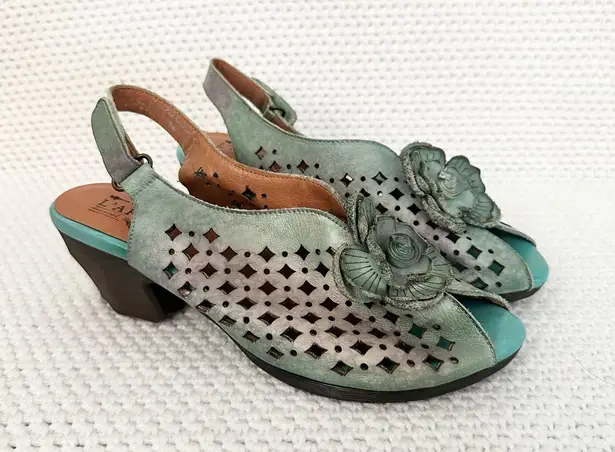 L'Artiste Lovella Green Purple Iridescent Laser Cut Floral Peep Toe Slingback 40 Size 9