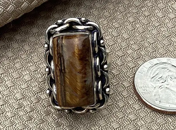 LG TIGERS EYE GEMSTONE RING STERLING SILVER OVERLAY 925 Size 8