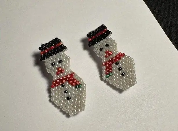 Hand Crafted Clip On Earrings Beaded Snowman Christmas Holiday Hand Made White