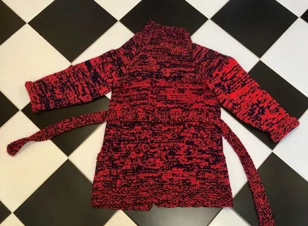 Vintage Handmade Belted Open Sweater Duster Hand Knit Red Orange Navy Crochet ~M Size M