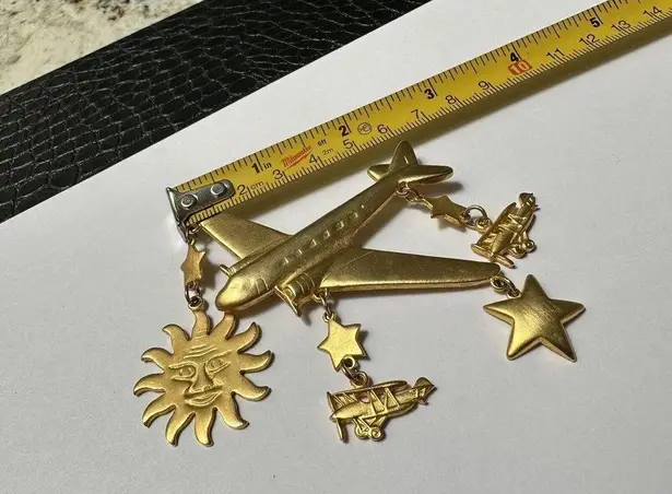 Large Matte Gold Tone Airplane With Plane Sun & Star Charms Brooch Pin