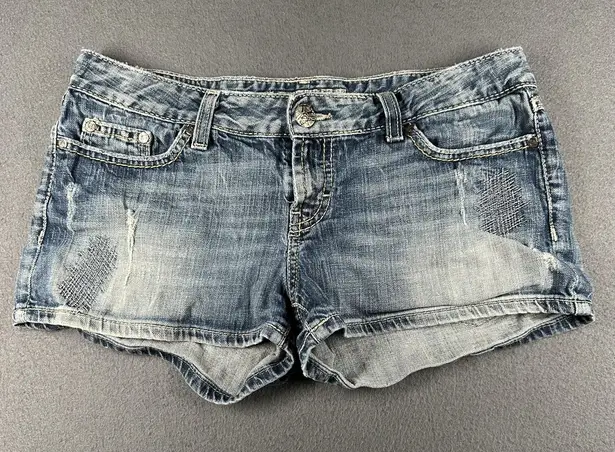 BKE Denim Stella Jean Shorts Womens 30 Blue Distressed Embroidered Flap Pockets