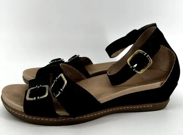 Dansko Astrid Wedge Sandals Nubuck Leather Scotchgard Ankle Strap Buckle Black 8
