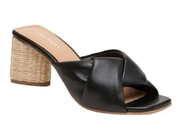 LISA VICKY Impress Block Heel Sandal Black Rattan Boho Woven Heel Size 10