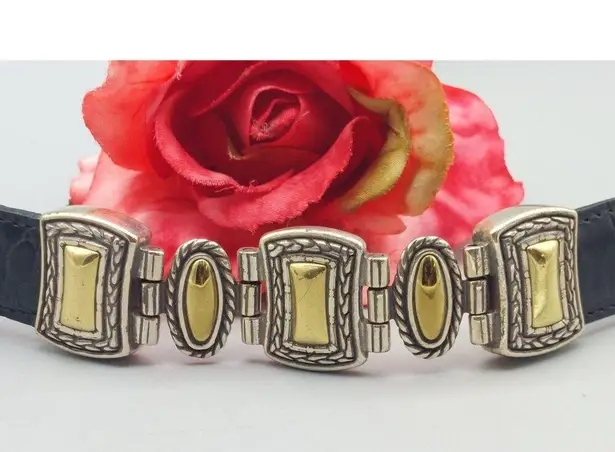 Black & Two Tone Silver & Gold Faux Croc Leather Western Belt Size M Cowgirl