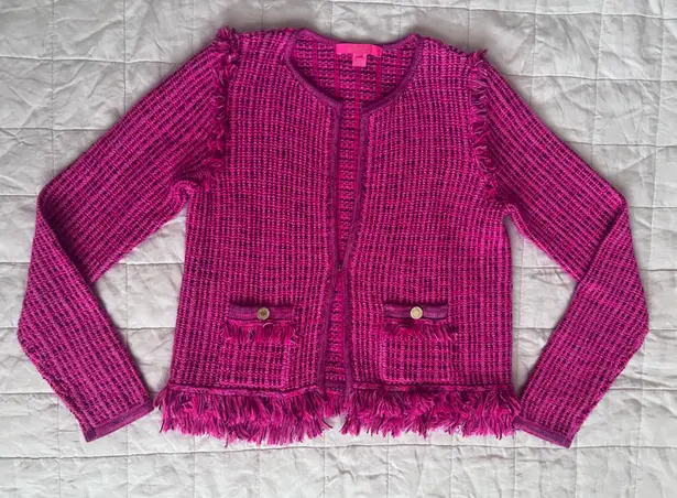 St. John Lilly Pulitzer Hot Pink Tweed Simora Fringe Cardigan Blazer Preppy Maximalist -S
