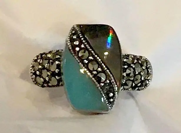 Sterling Silver Marcasite Jade Abalone Ring