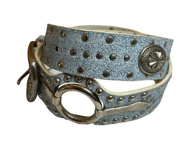 Y2K Western Style Powder Blue Studded Belt with Antique Silver Buckle & Concho
