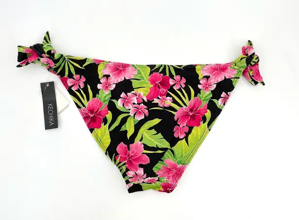 NEW Kechika Floral Bikini Bottoms Side Tie Black Hot Pink Hibiscus Green Size 12