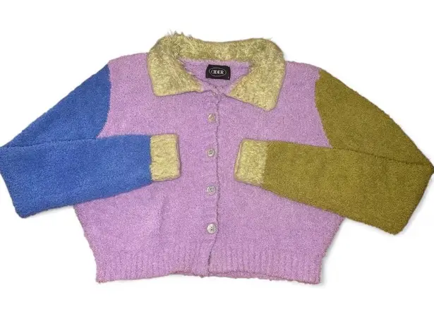 Cider  colorblock purple, blue & green fuzzy button up cardigan size small - Image 1