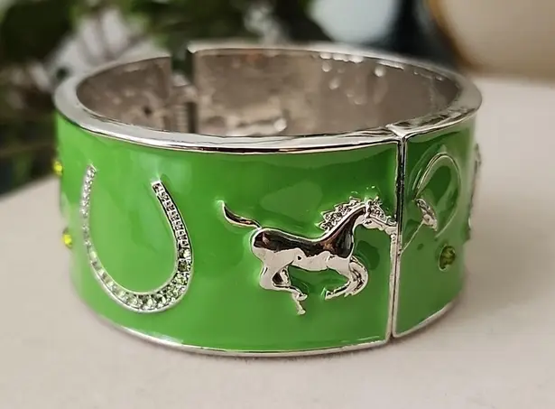 Vintage Silver Green Equestrian Horse Clamper / Hinge Bracelet