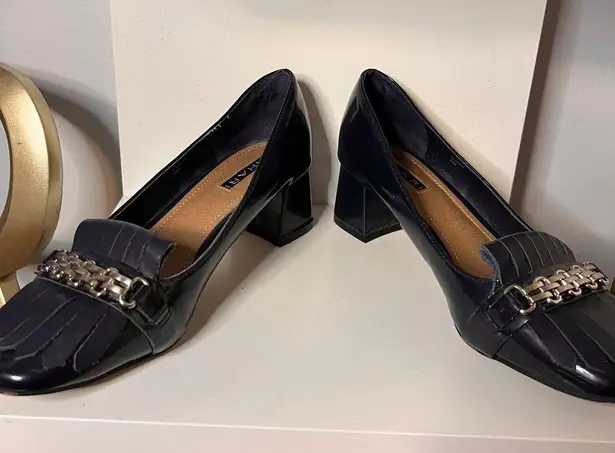 Tahari Navy Blue Patent Leather Block Heel Loafers with Chain Detail & Fringe