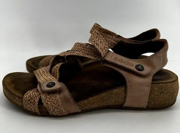 Taos Trulie Sandals Shoes Braided Strap Woven Cork Low Wedge Leather Tan Brown 7