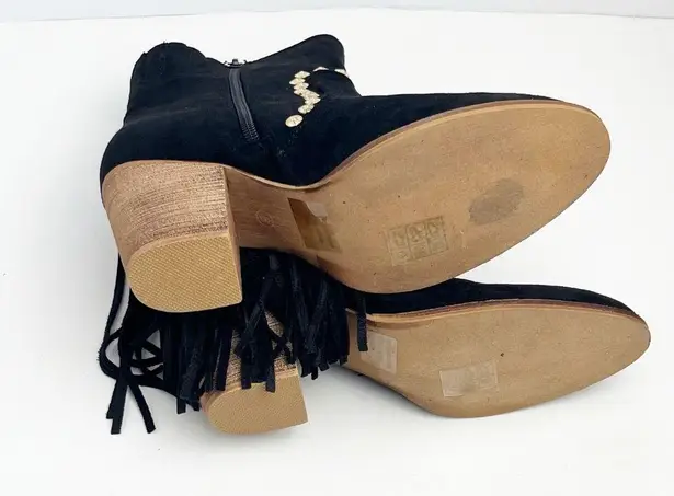 Beast Fashion Black Fringe Trim Studded Side Zip Closure Almond Toe Booties 6