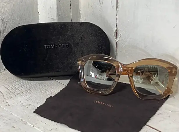 Tom Ford FT0582 45P Shiny Light Brown Mirror Green Lens Julia Square Sunglasses