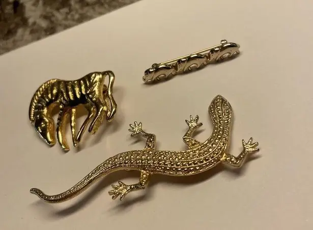 Lot Of 3 Gold Tone Safari Animals Brooch / Pin