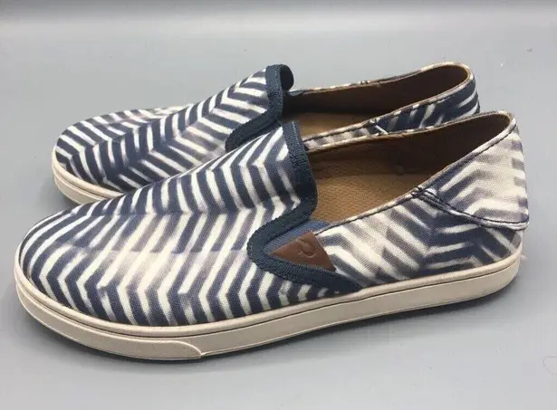 Olukai  Shoes Womens 7 Pehuea Pai Slip On Sneakers Blue White Canvas Stripe Low