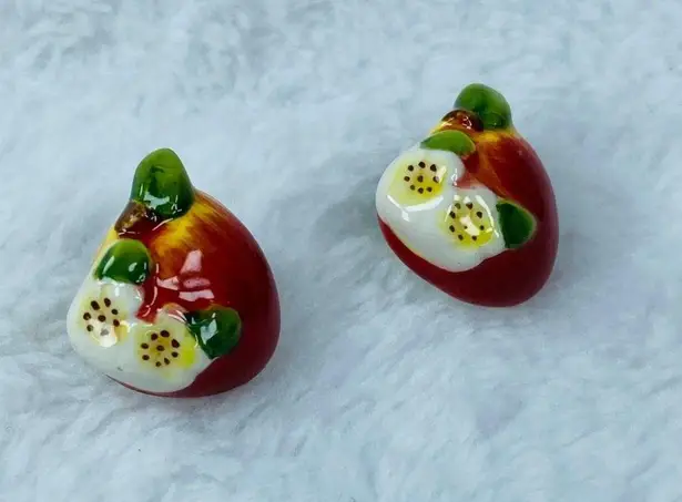 Pair Ceramic Apple Tie Tack Lapel Brooch Pins Fruit Red Lot of Two